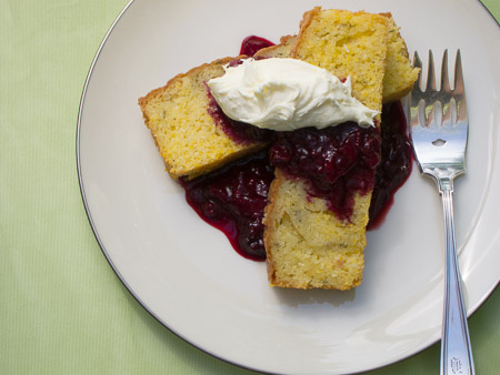 Rosemary-Polenta Cake with Warm Plum Compote